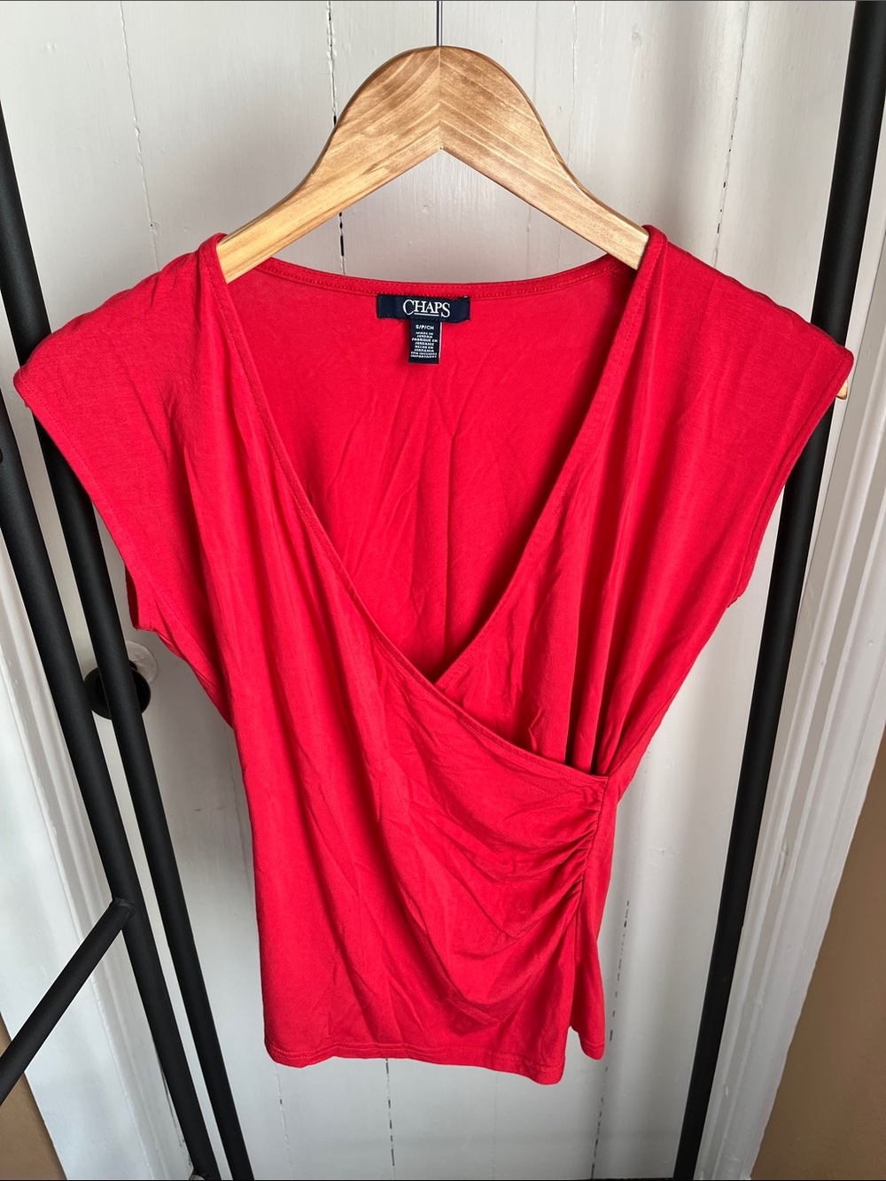 Chaps Red Draped Wrap-Front Short Sleeve Top